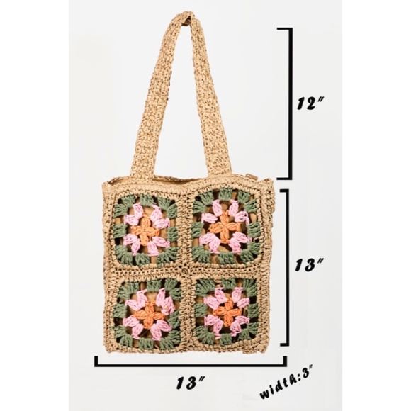 SOLD OUT Khaki Floral Straw Braided Woven Pattern Tote Bag - Picture 2 of 4